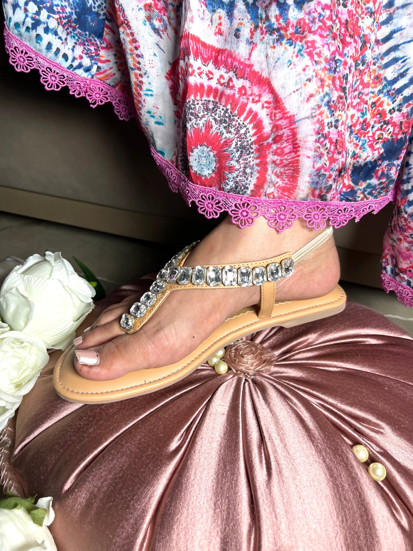 Crystal Glow V-Shape Flats with Back Elastic