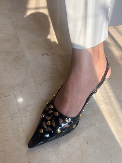 Black Patent Studded Cutwork Flats