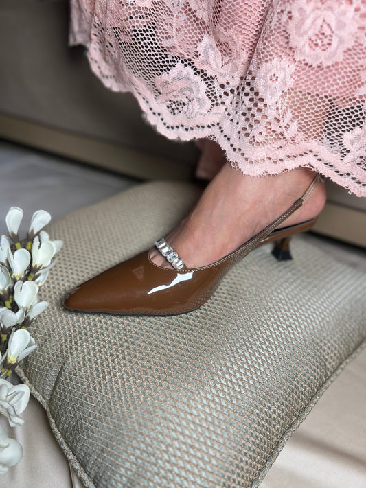 Glossy Brown Slingback Heels Sandal Stories