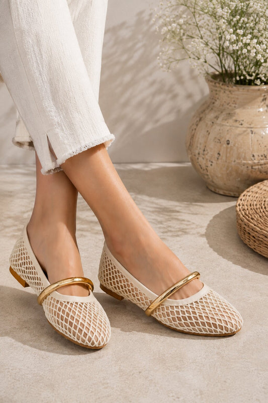 Luxe Mesh Gold Bar Mary Jane Ballerinas - Ivory White