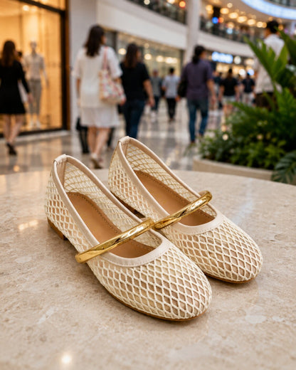 Luxe Mesh Gold Bar Mary Jane Ballerinas - Ivory White