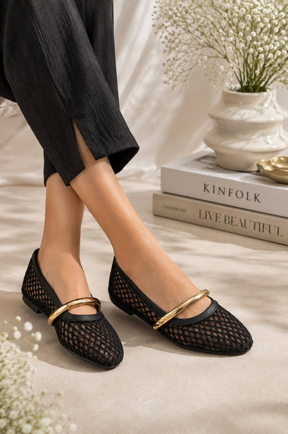 Luxe Mesh Gold Bar Mary Jane Ballerinas - Midnight Black