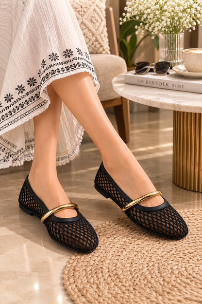 Luxe Mesh Gold Bar Mary Jane Ballerinas - Midnight Black