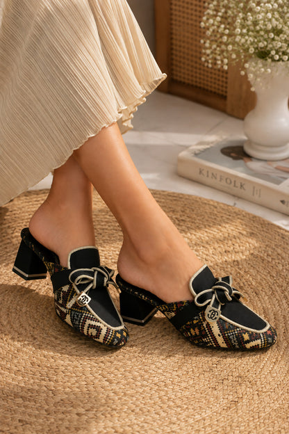 Midnight Mosaic Bow Block-Heel Mules