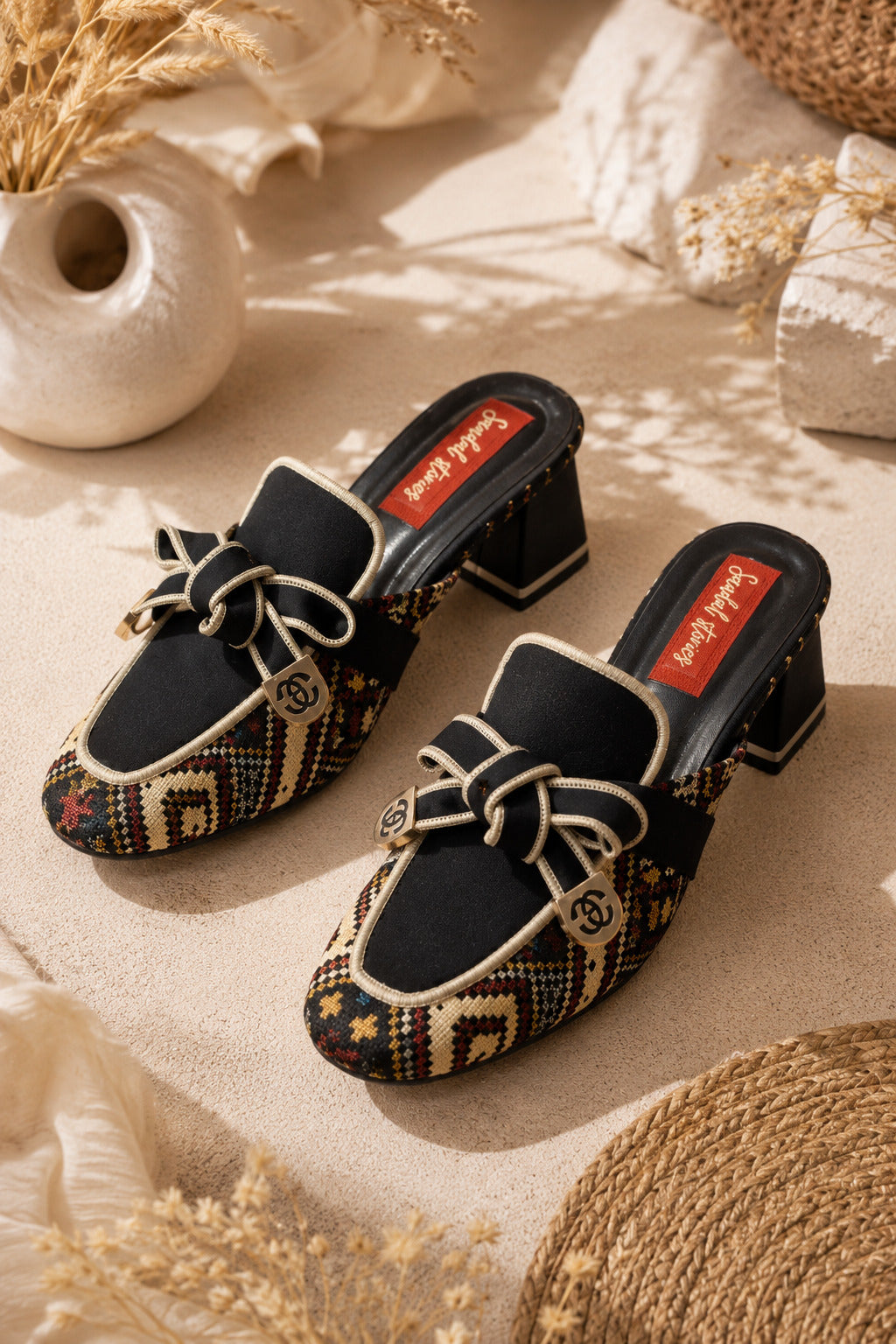 Midnight Mosaic Bow Block-Heel Mules