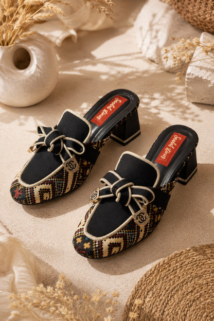 Midnight Mosaic Bow Block-Heel Mules