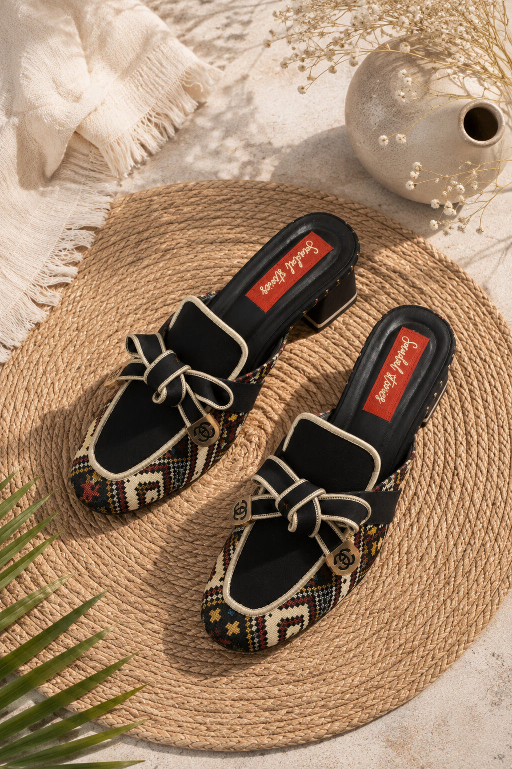 Midnight Mosaic Bow Block-Heel Mules