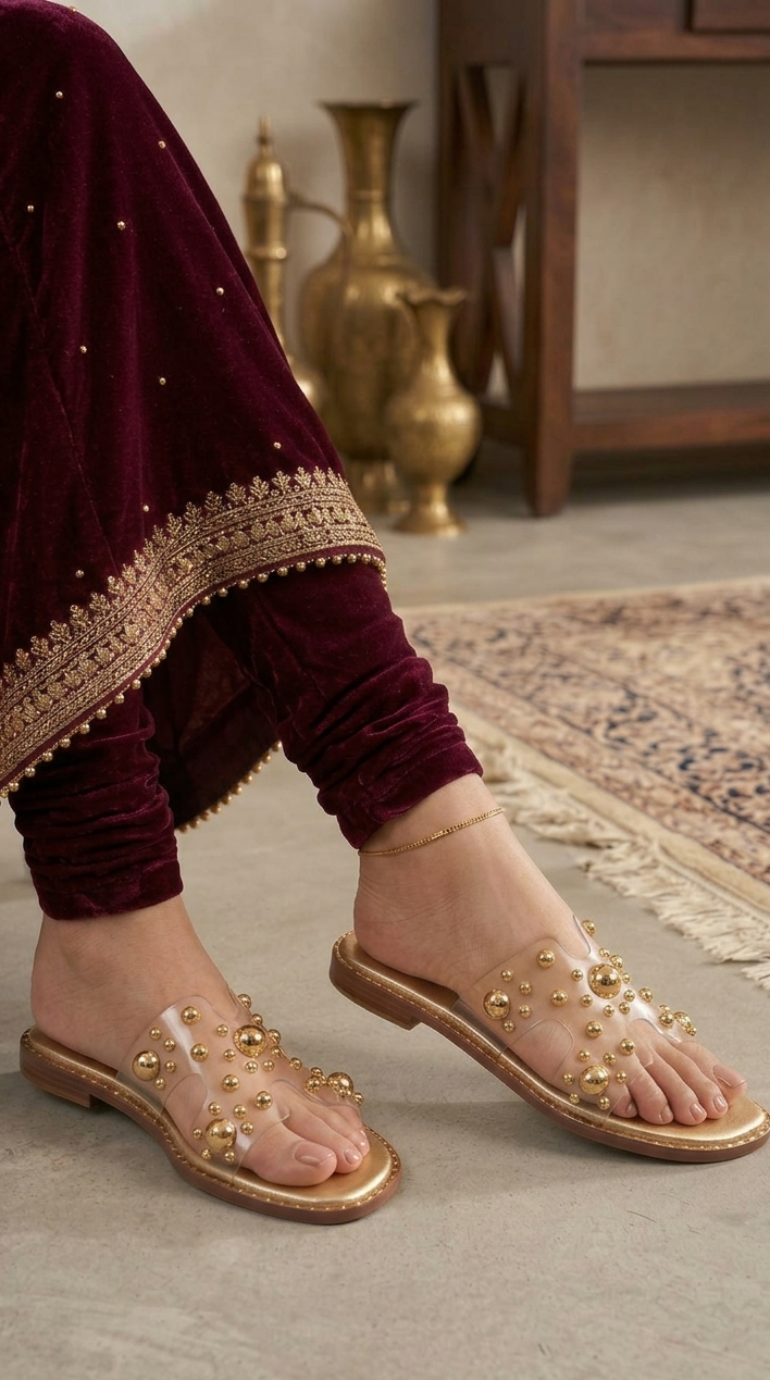 Golden Studded Transparent Slider Flats