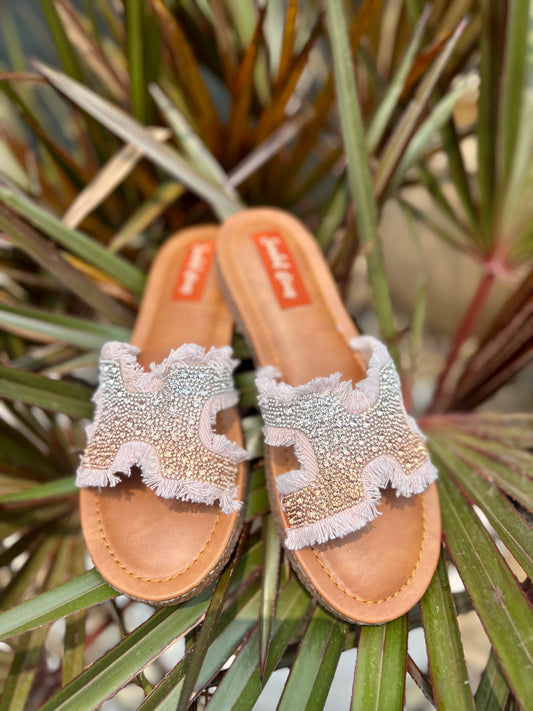 Pink Denim Crystal Glam Slides