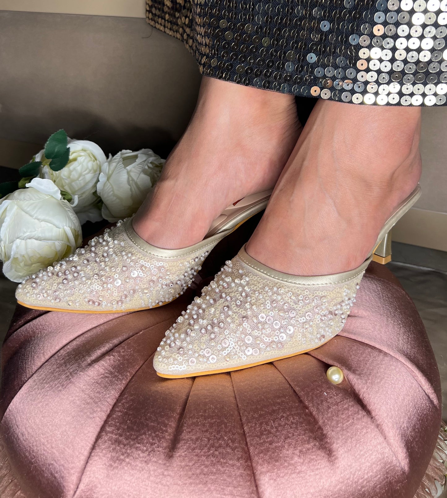 Pearl Sequin Pointed-Toe Heels