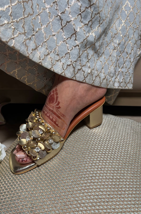 Mettalic Gold Embellished 3D Flower Block Heels