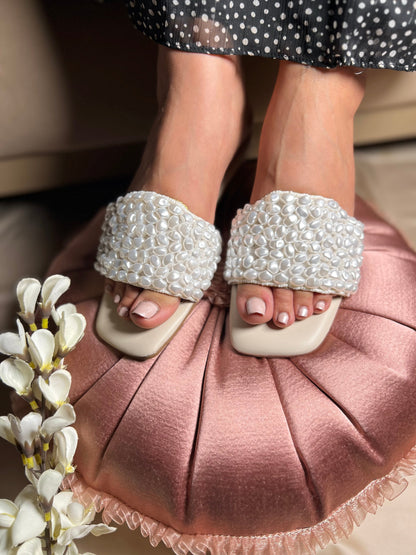 White Pearl Embellished Flat Sandal Stories