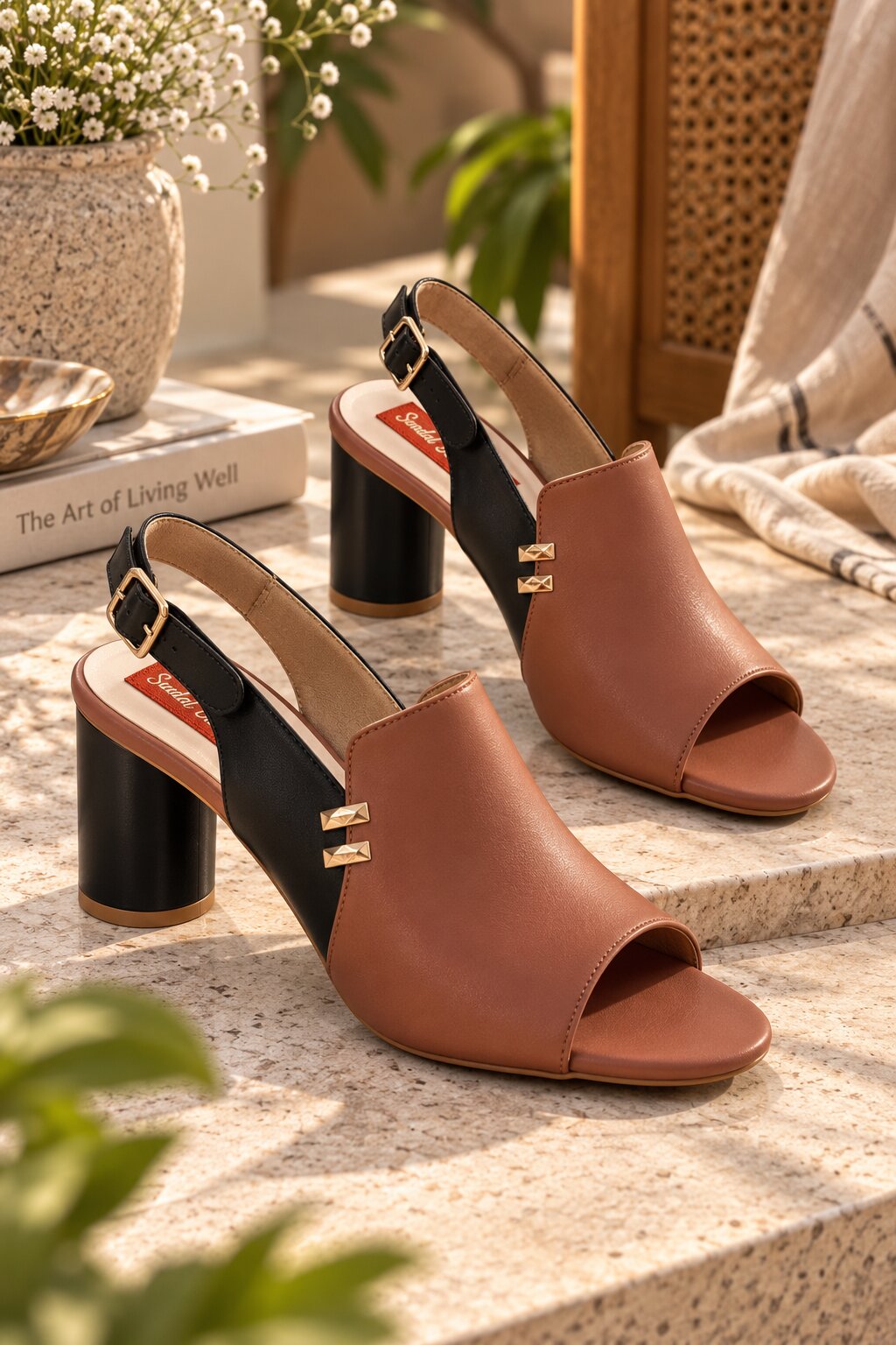 Luxe Contrast Slingback Block Heels - Black & Tan | 3.5 Inches