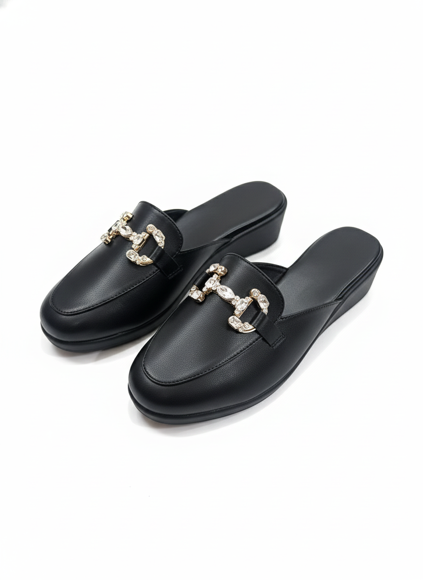 Crystal-Buckle Comfort Mules – Classic Black