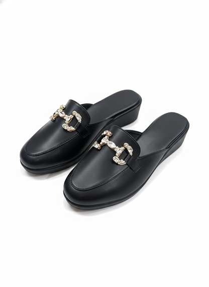 Crystal-Buckle Comfort Mules – Classic Black