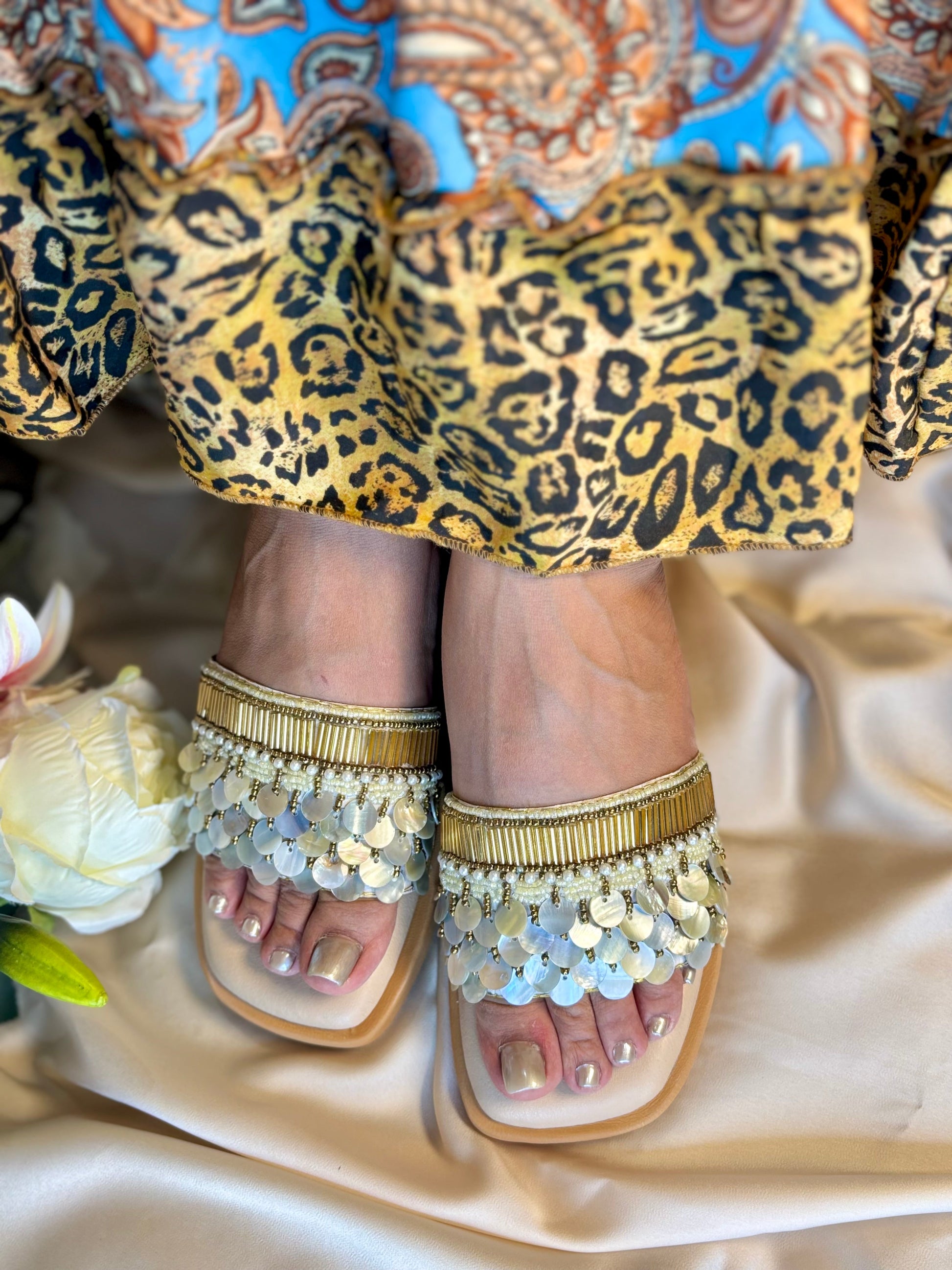 Mother of Pearl Embellished Luxe Wedges Sandal Stories