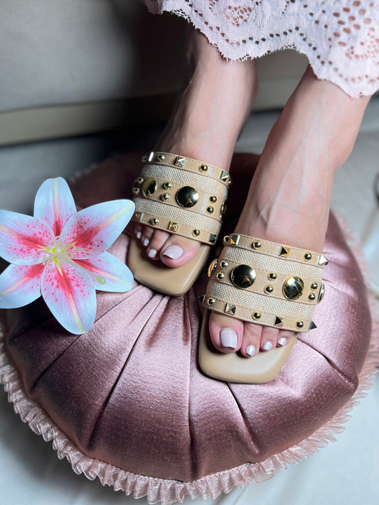 Studded Glam Beige Flats Sandal Stories