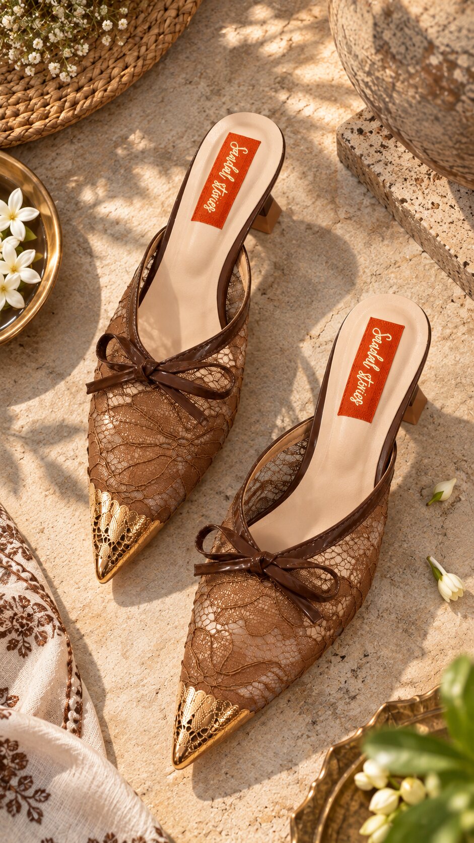 Lace Bow Pointed Mules - MOCHA | Kitten Heels