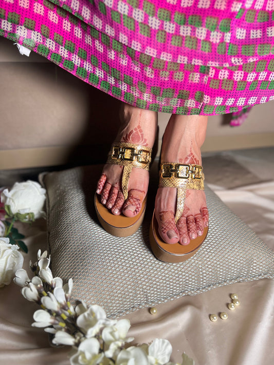 Luxe Gold Buckle Platforms - Beige