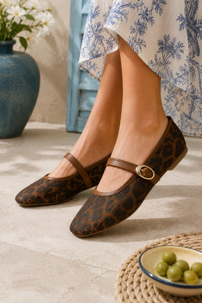 Leopard Print Buckle Mary Jane Ballerinas