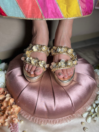 Golden 3D Flower Embellished Wedges