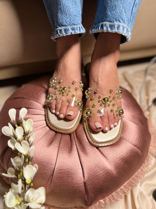 Golden Studded Transparent Slider Flats