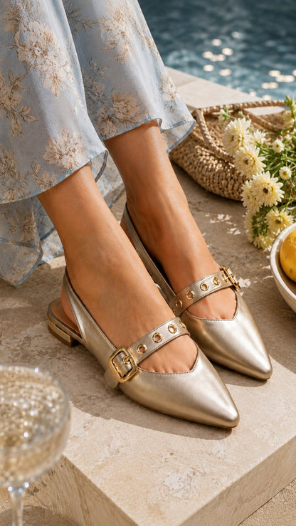 Champagne Gold Eyelet Slingback Ballerinas