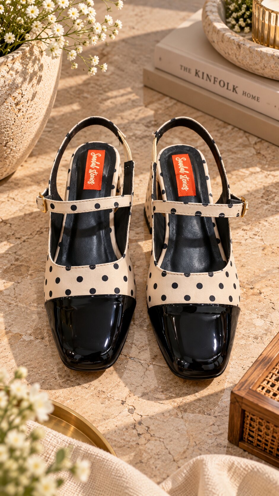 Polka Muse Patent Block Heels - Beige Black
