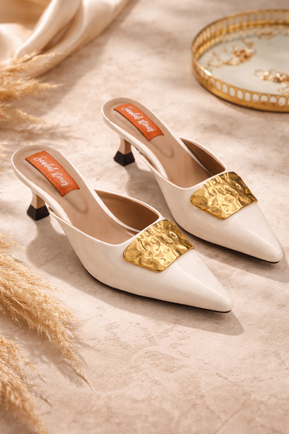 Statement Buckle Kitten Heels – Ivory