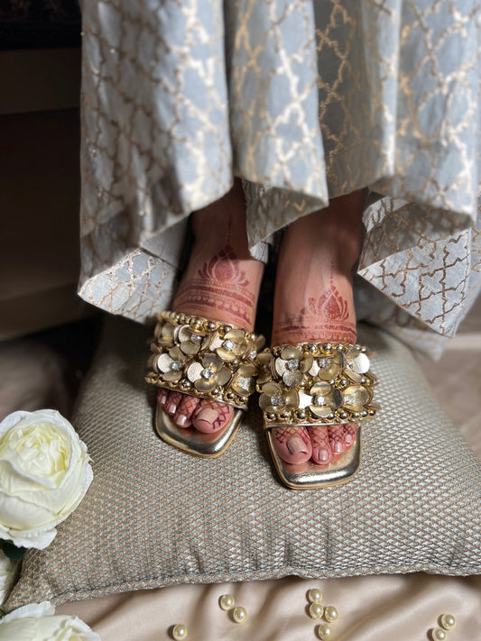 Mettalic Gold Embellished 3D Flower Block Heels