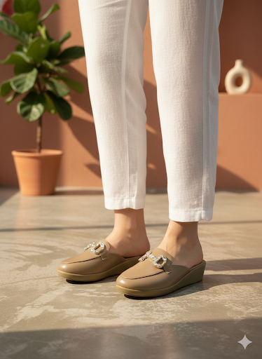 Crystal-Buckle Comfort Mules – Nude Beige