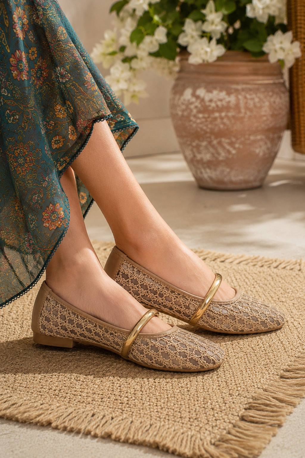 Champagne Mesh Gold Bar Mary Jane Ballerinas
