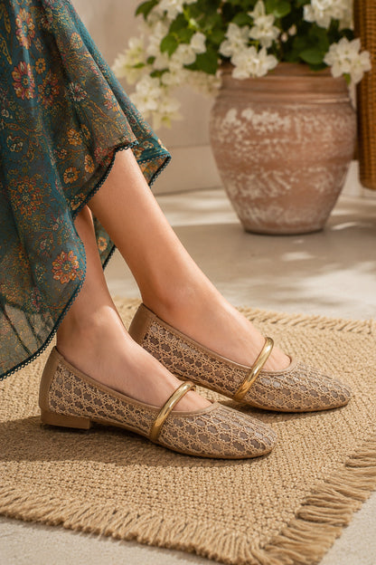 Champagne Mesh Gold Bar Mary Jane Ballerinas