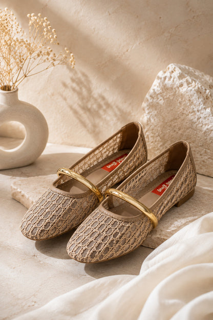 Champagne Mesh Gold Bar Mary Jane Ballerinas