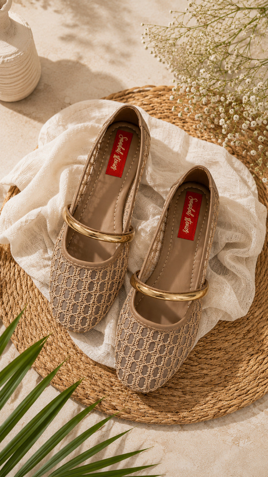 Champagne Mesh Gold Bar Mary Jane Ballerinas