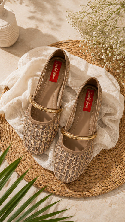 Champagne Mesh Gold Bar Mary Jane Ballerinas