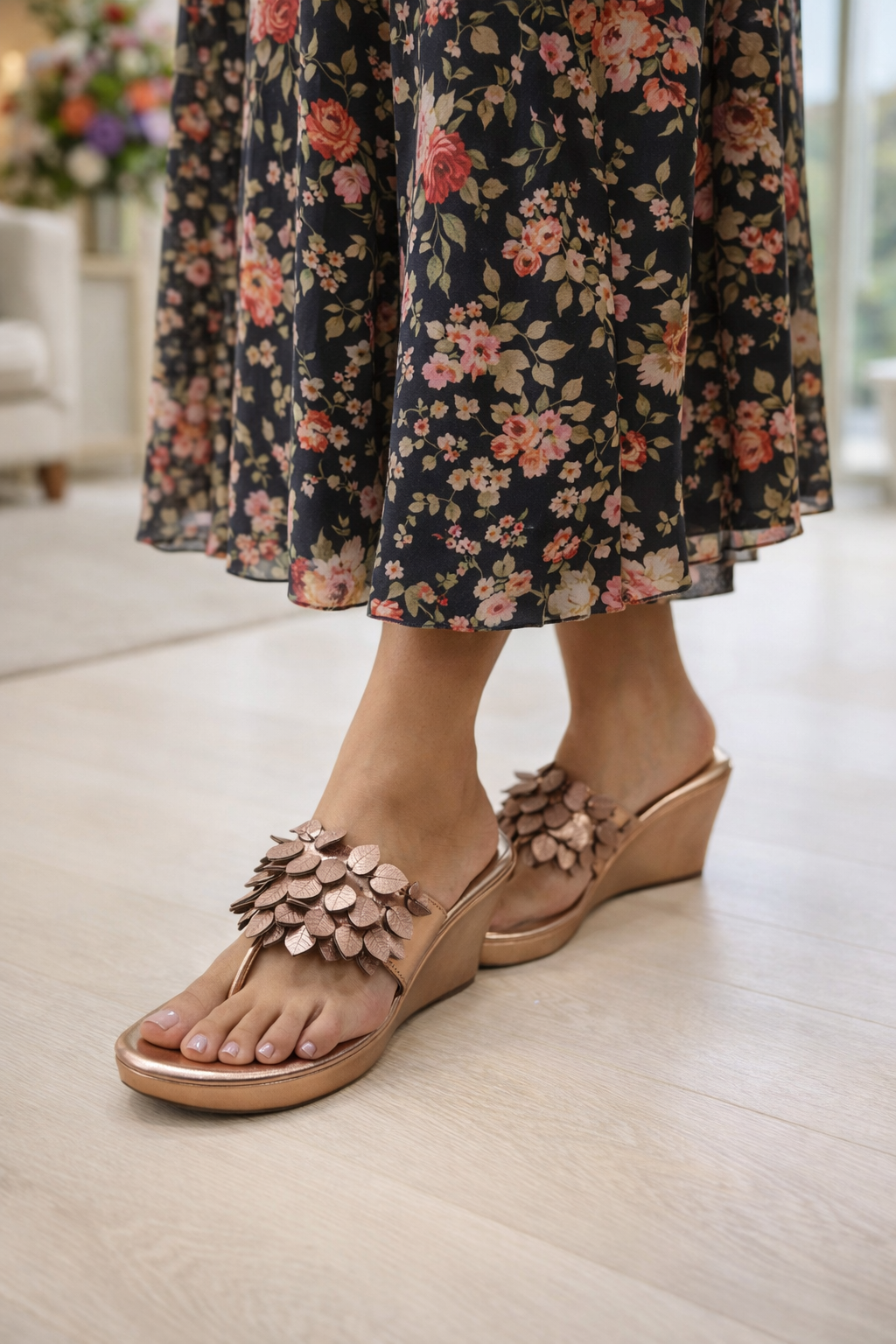 Rose Gold Leaf Wedge Sandals – 3 Inch Heel