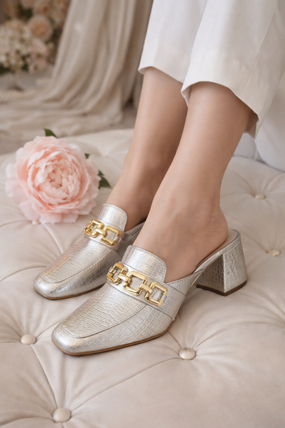 Royale Champagne Block Heel Mules