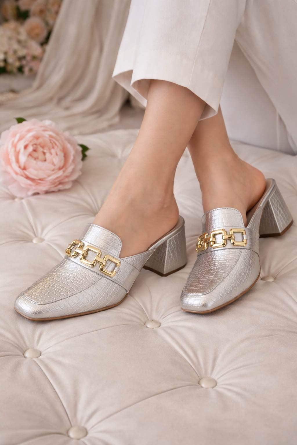 Royale Champagne Block Heel Mules