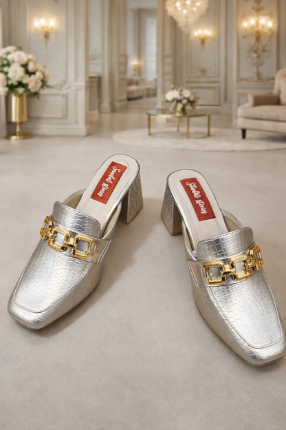 Royale Champagne Block Heel Mules