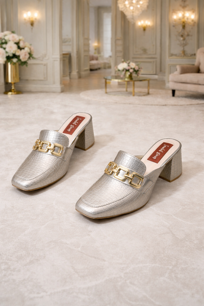 Royale Champagne Block Heel Mules