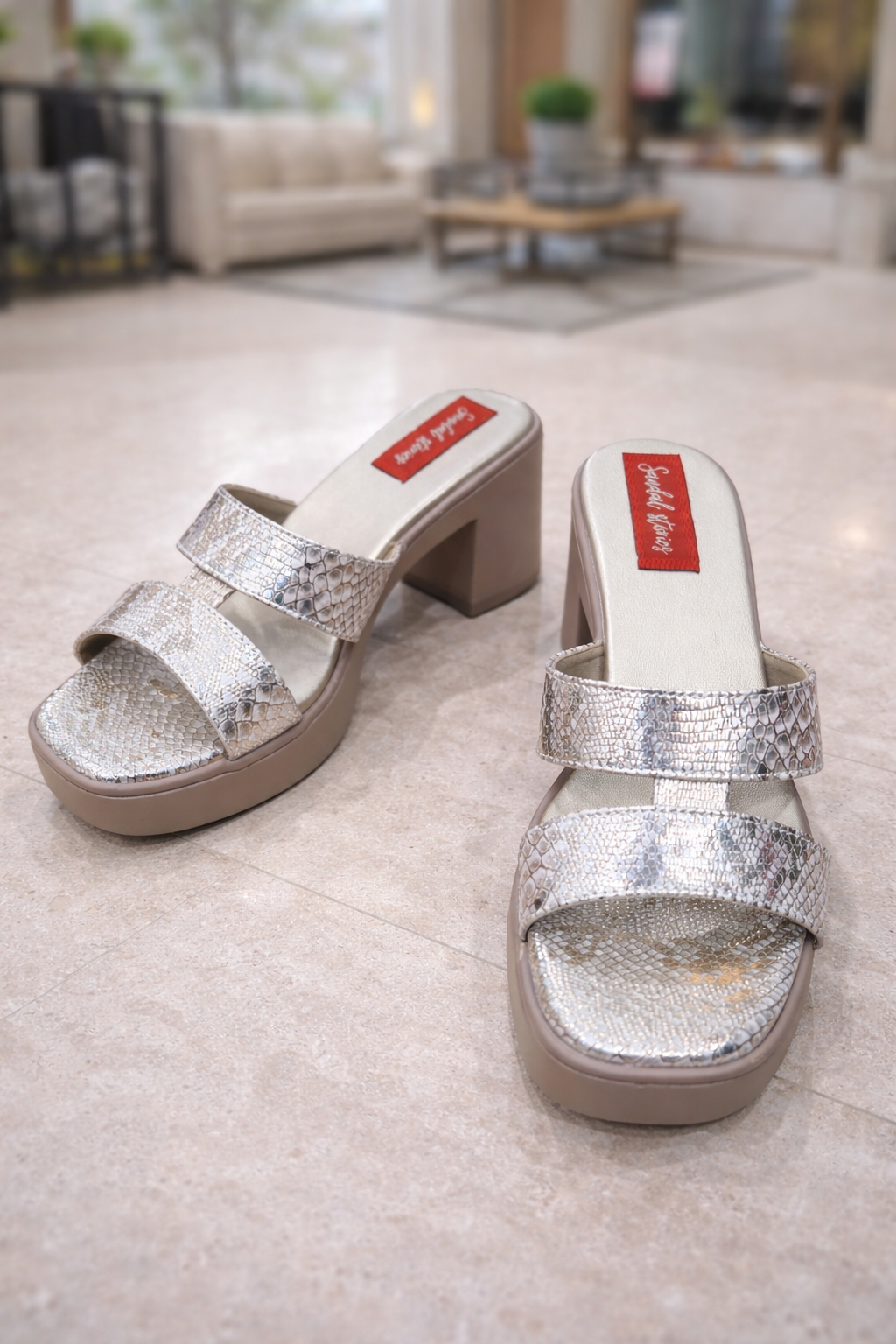 Beige Metallic Gleam Block Heel