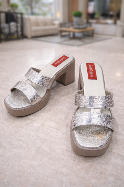 Beige Metallic Gleam Block Heel