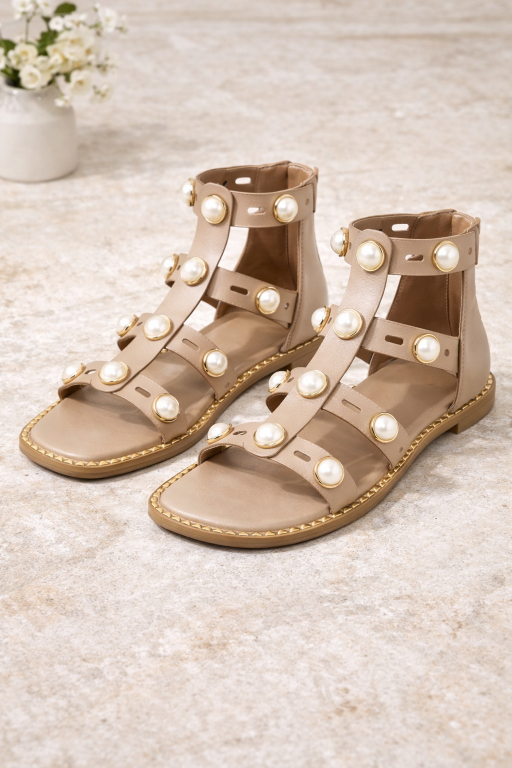 Pearl Embellished Gladiator Flats