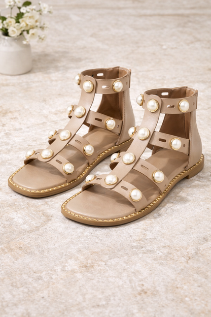 Pearl Embellished Gladiator Flats