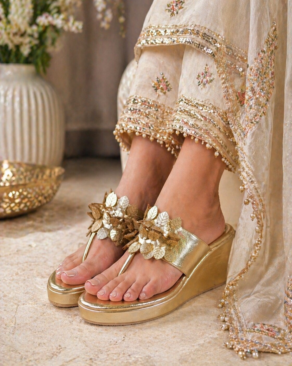 Golden Leaf Wedge Sandals – 3 Inch – Sandal Stories