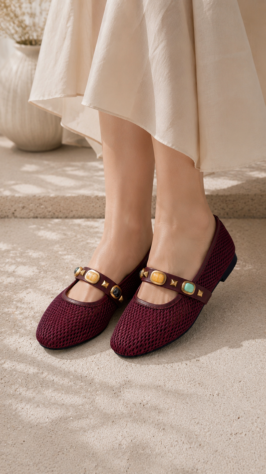 Mesh Gemstone Mary Janes Ballerinas - Wine