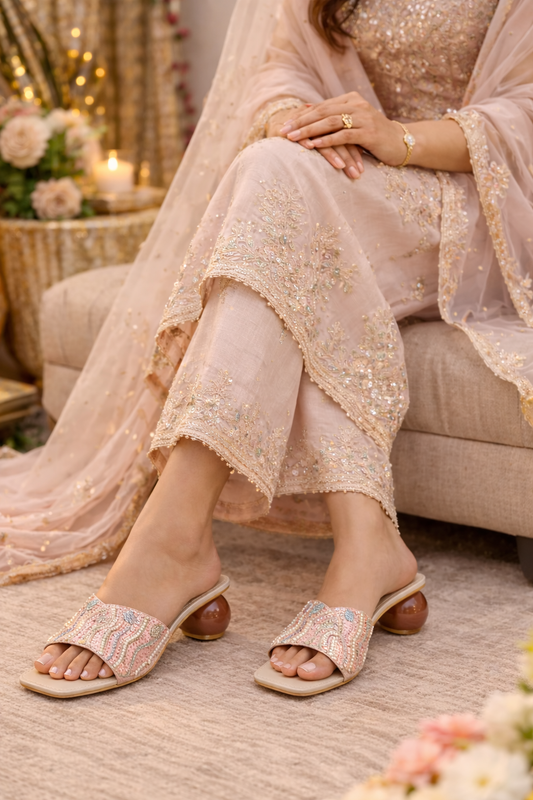Blush Pearl Embellished Block Heels