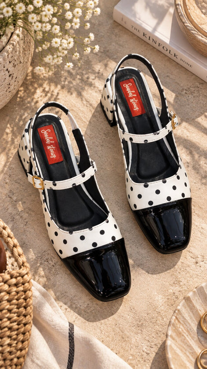 Polka Muse Patent Block Heels - White Black