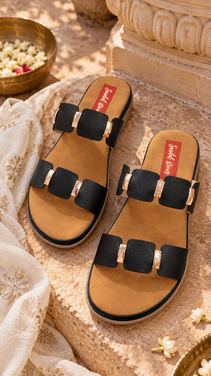 Black Gold Buckle Comfort Sliders